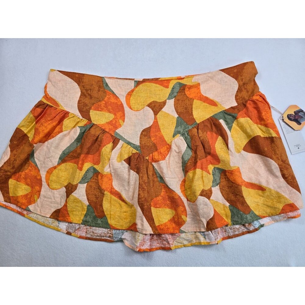 NWT Noel Abstract Patterned Linen Blend Skirt Size 28 Multicolor Orange Yellow